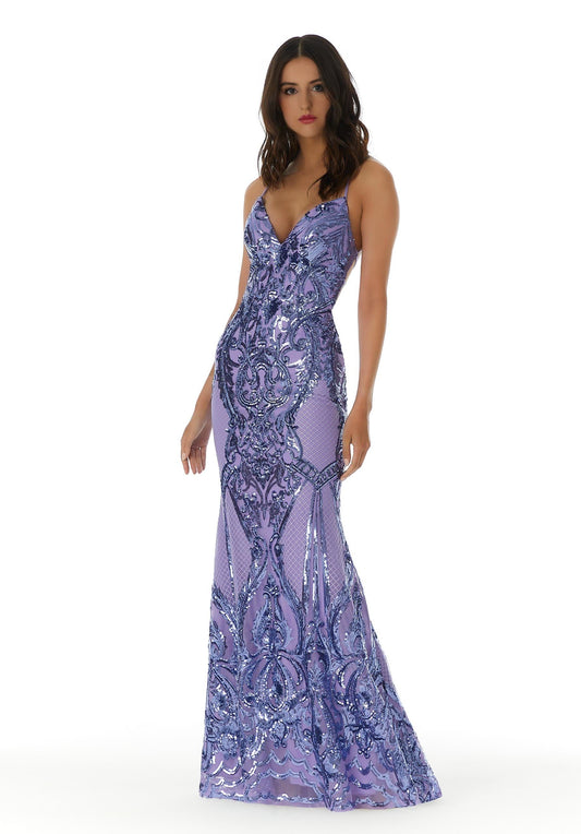 Gorgeous long fitted gown with glimmering patterned sequins and crossing tie strap detail.