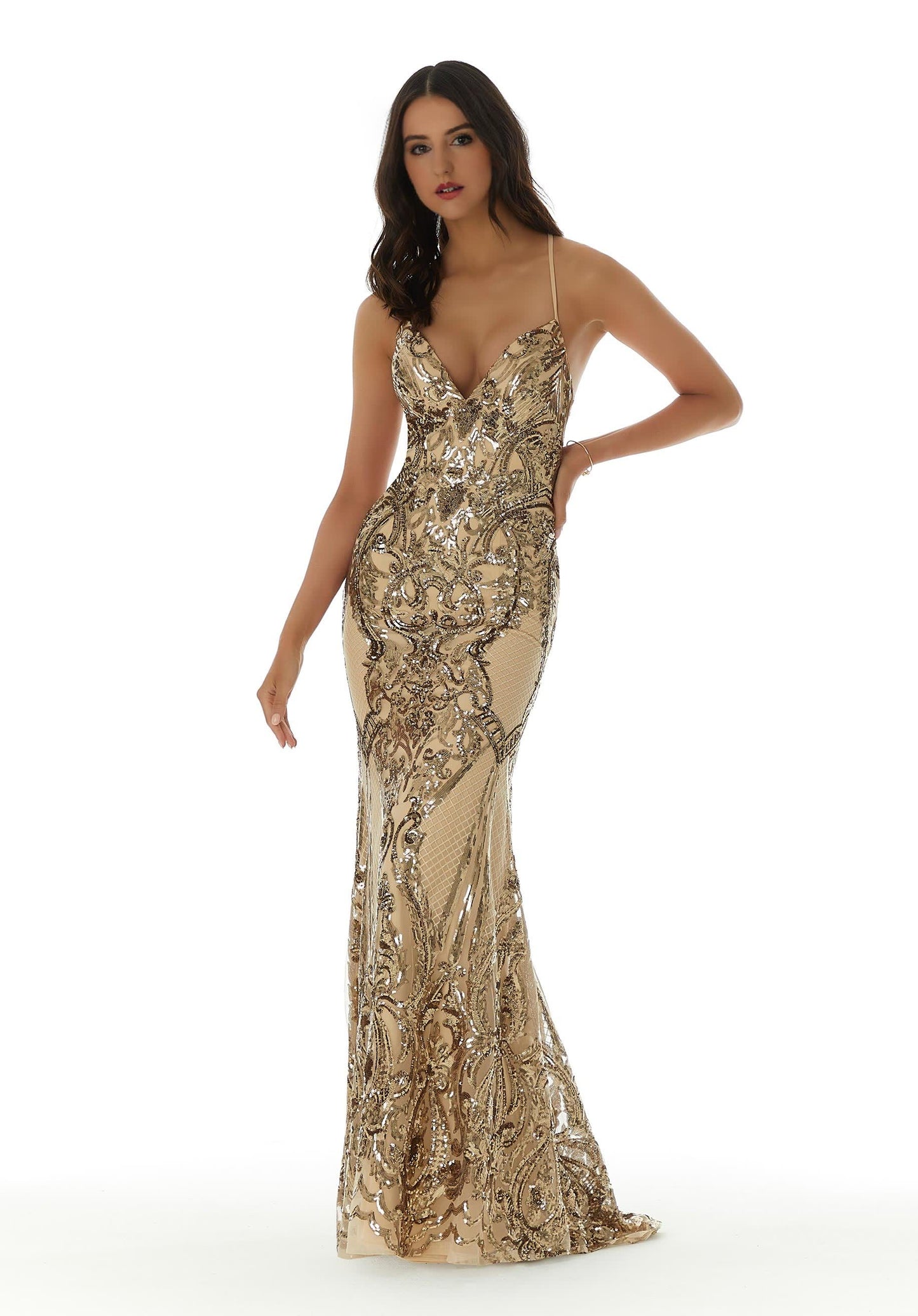 Gorgeous long fitted gown with glimmering patterned sequins and crossing tie strap detail.