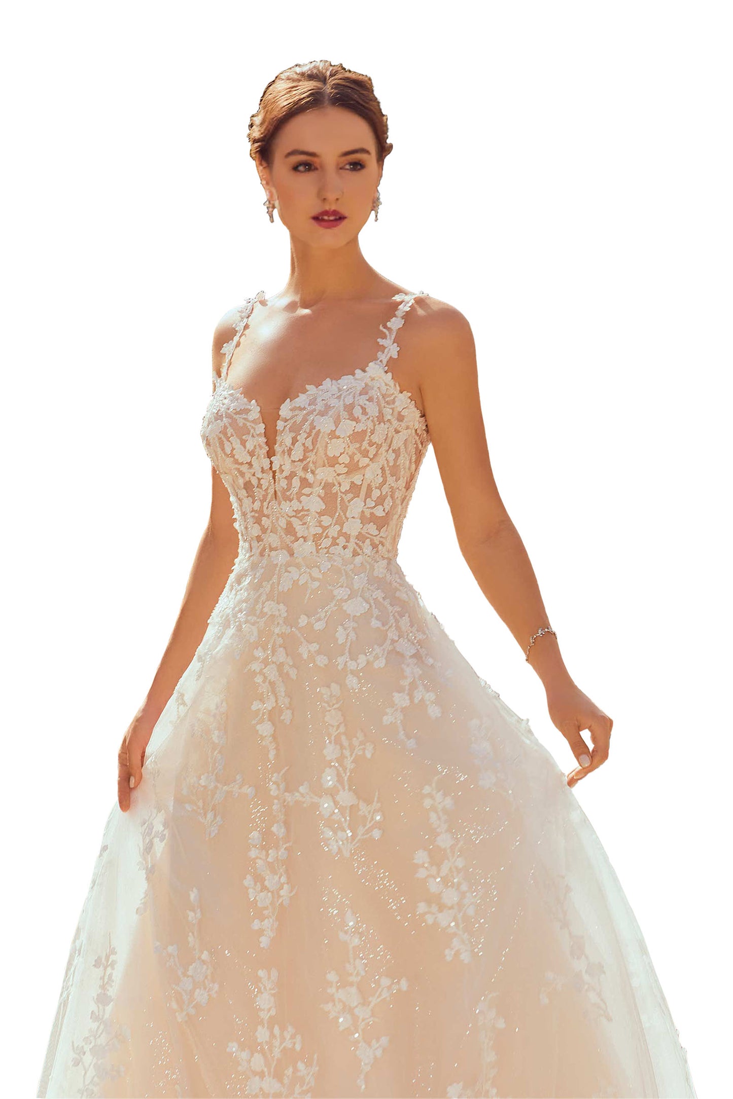 Elegant A-line has delicately beaded embroidery with 3D petals on sparkle tulle.