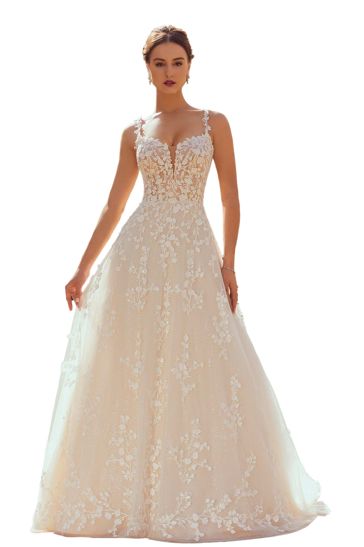 Elegant A-line has delicately beaded embroidery with 3D petals on sparkle tulle.