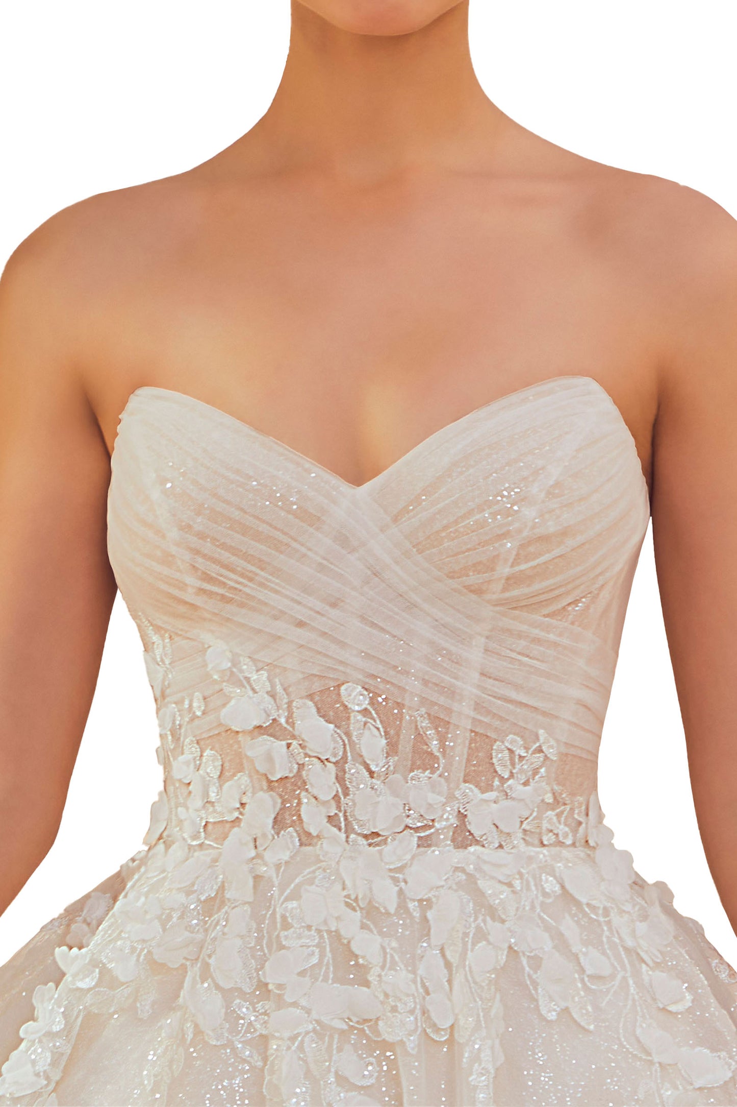 Dreamy ball gown has frosted embroidery with 3D petals and a sheer, draped corset bodice.