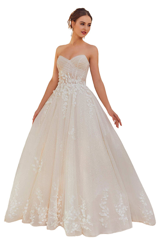 Dreamy ball gown has frosted embroidery with 3D petals and a sheer, draped corset bodice.