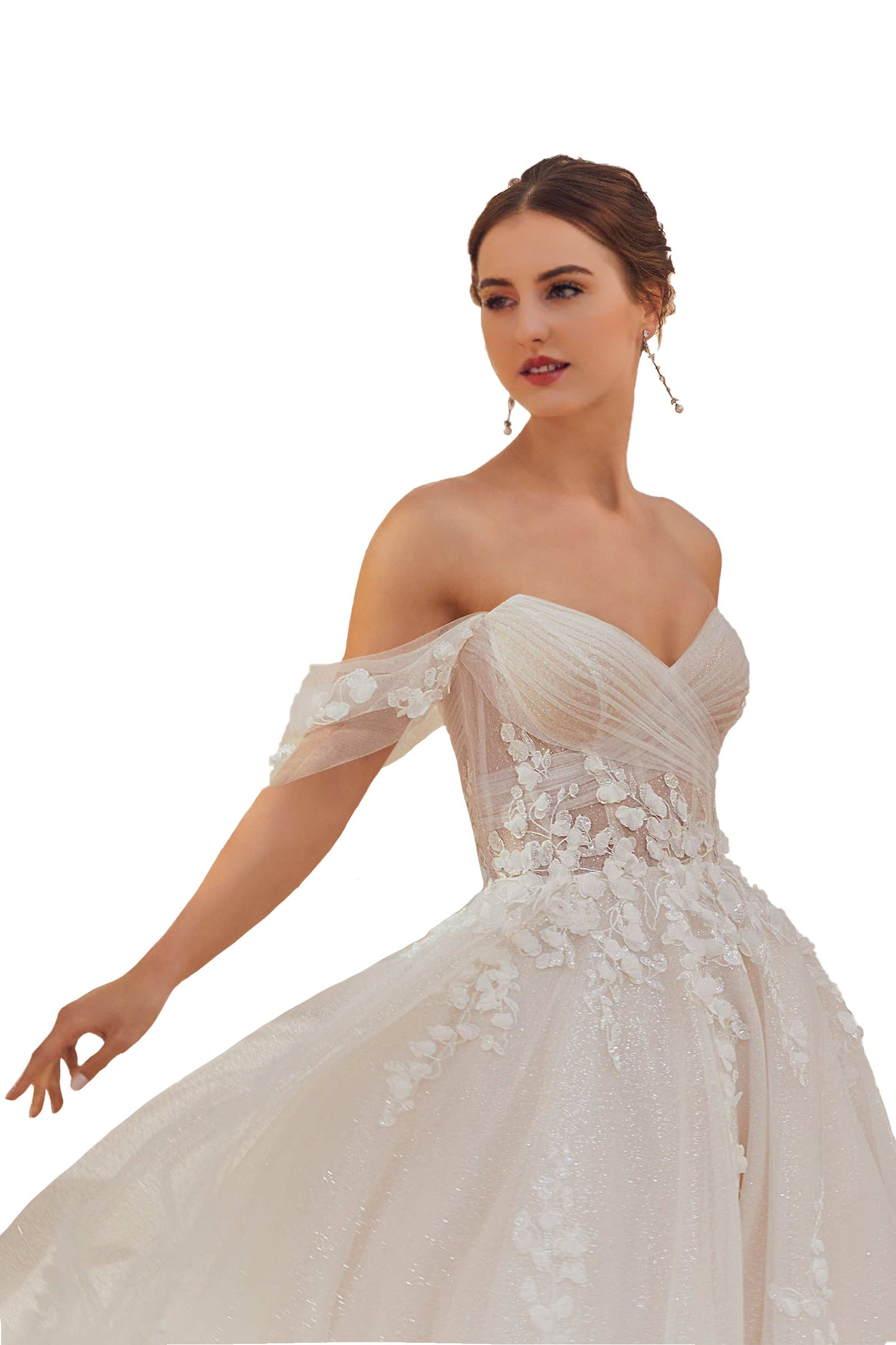 Dreamy ball gown has frosted embroidery with 3D petals and a sheer, draped corset bodice.