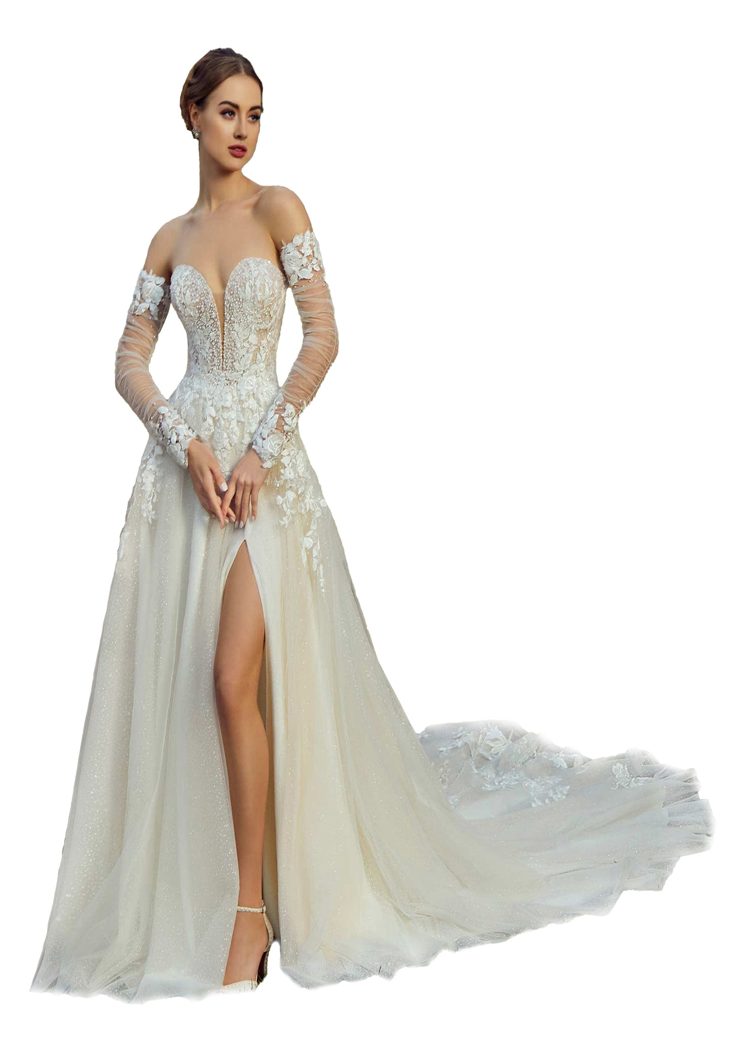 Breathtaking A-line has a plunging sweetheart bodice with pearl and crystal beading and floral embroidered appliqués.