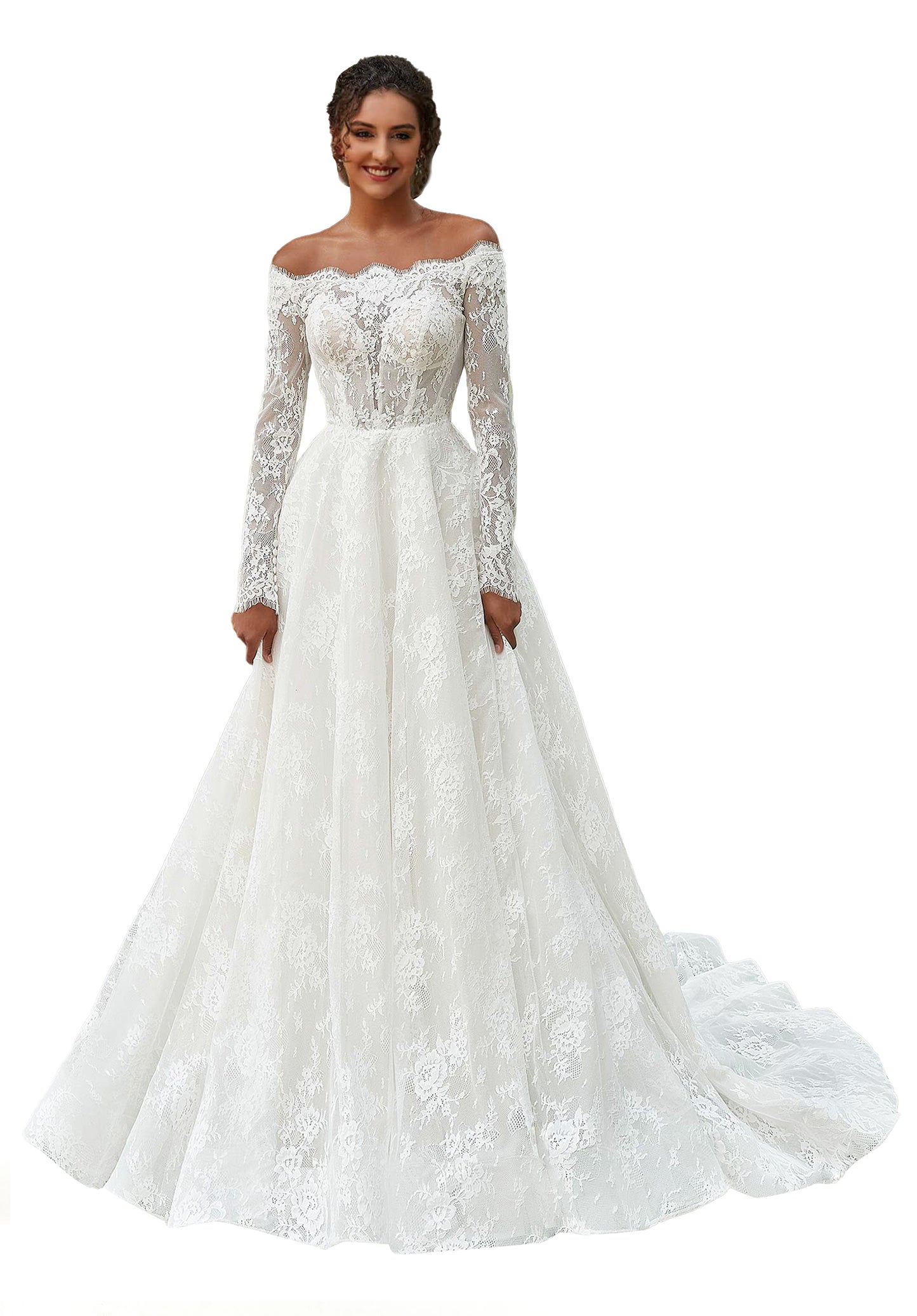 Lovely A-line ball gown has an illusion bodice with an off-the-shoulder scalloped neckline in romantic Chantilly lace.