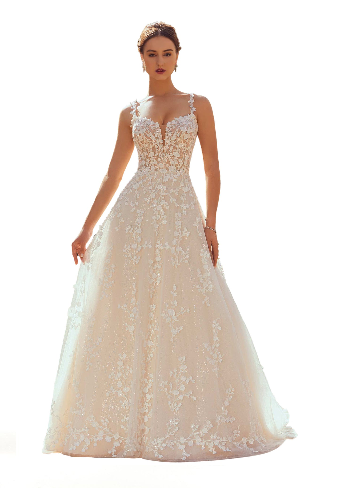 Elegant A-line has delicately beaded embroidery with 3D petals on sparkle tulle.