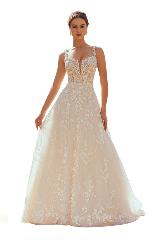 Elegant A-line has delicately beaded embroidery with 3D petals on sparkle tulle.