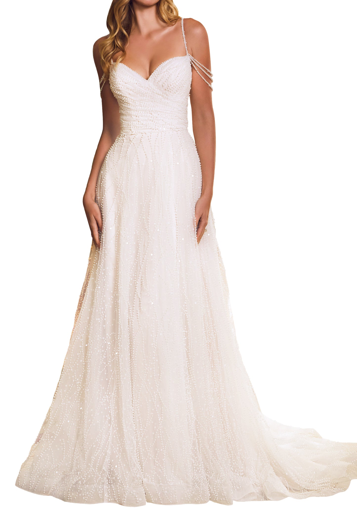 A-line sparkles in patterned pearl and sequin beaded net with a draped bodice and chandelier straps.