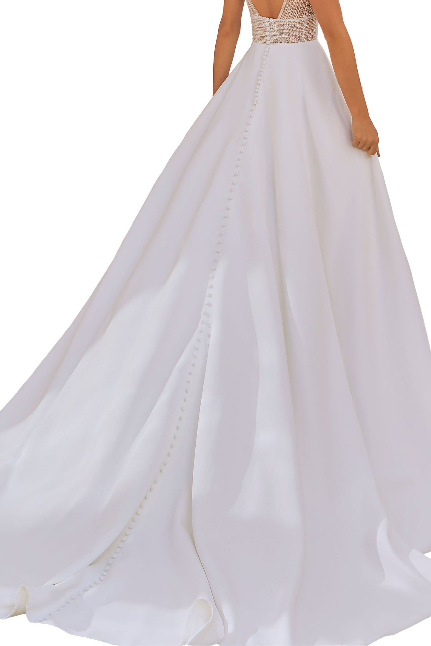 Lovely A-line has an embroidered bodice with linear beading on a petal satin skirt.