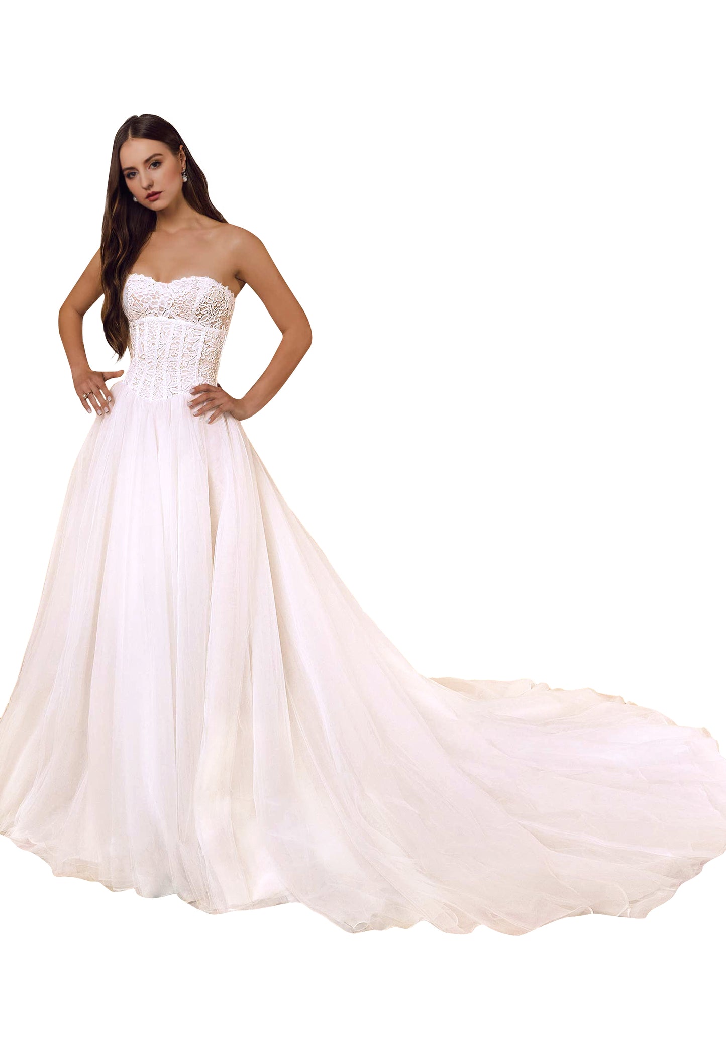 Floral lace fit and flare has a corset bodice with detachable tulle ball gown overskirt.