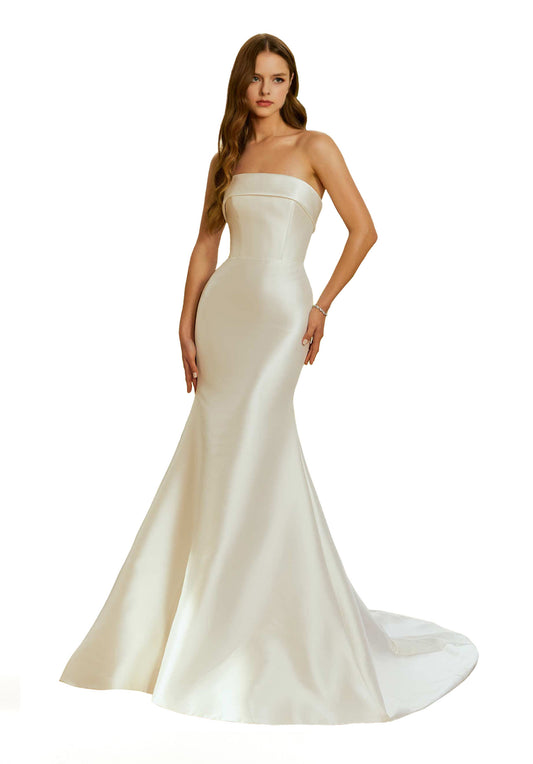 Classic satin fit and flare with a cuffed neckline and detachable full overskirt.