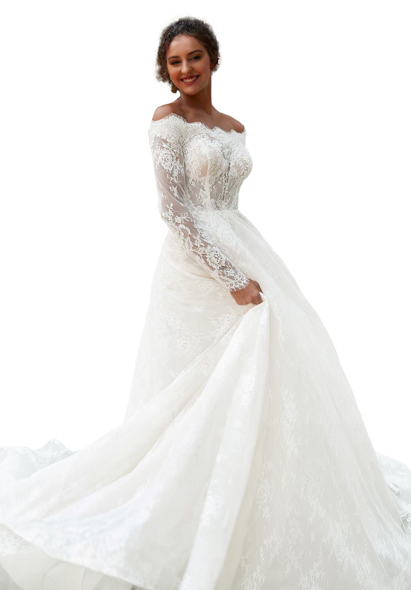 Lovely A-line ball gown has an illusion bodice with an off-the-shoulder scalloped neckline in romantic Chantilly lace.