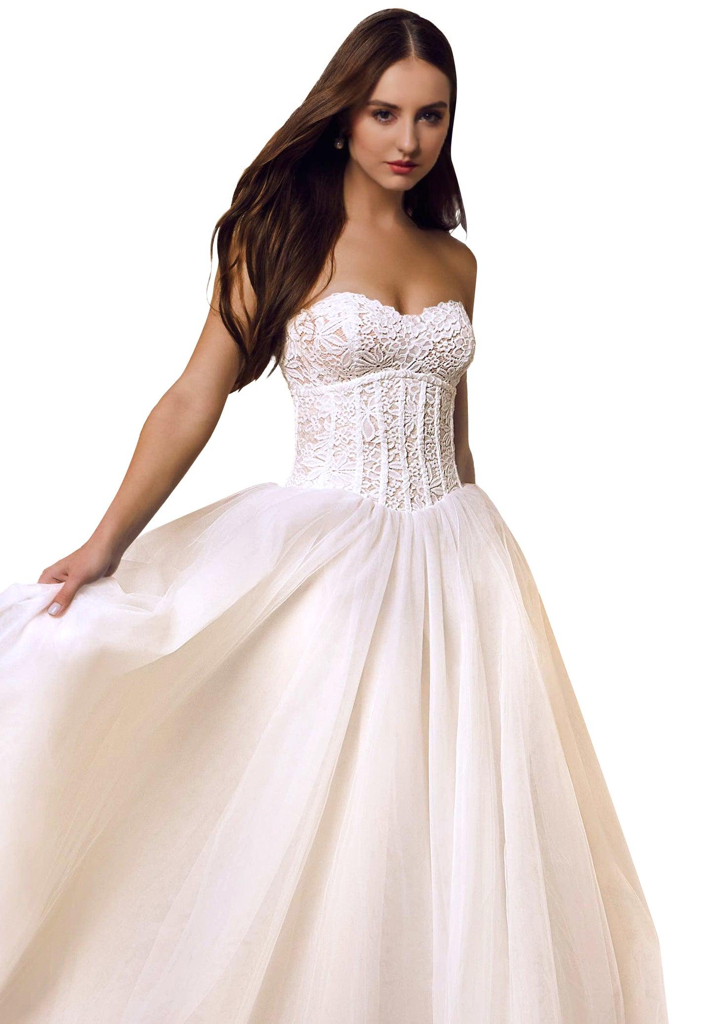 Floral lace fit and flare has a corset bodice with detachable tulle ball gown overskirt.