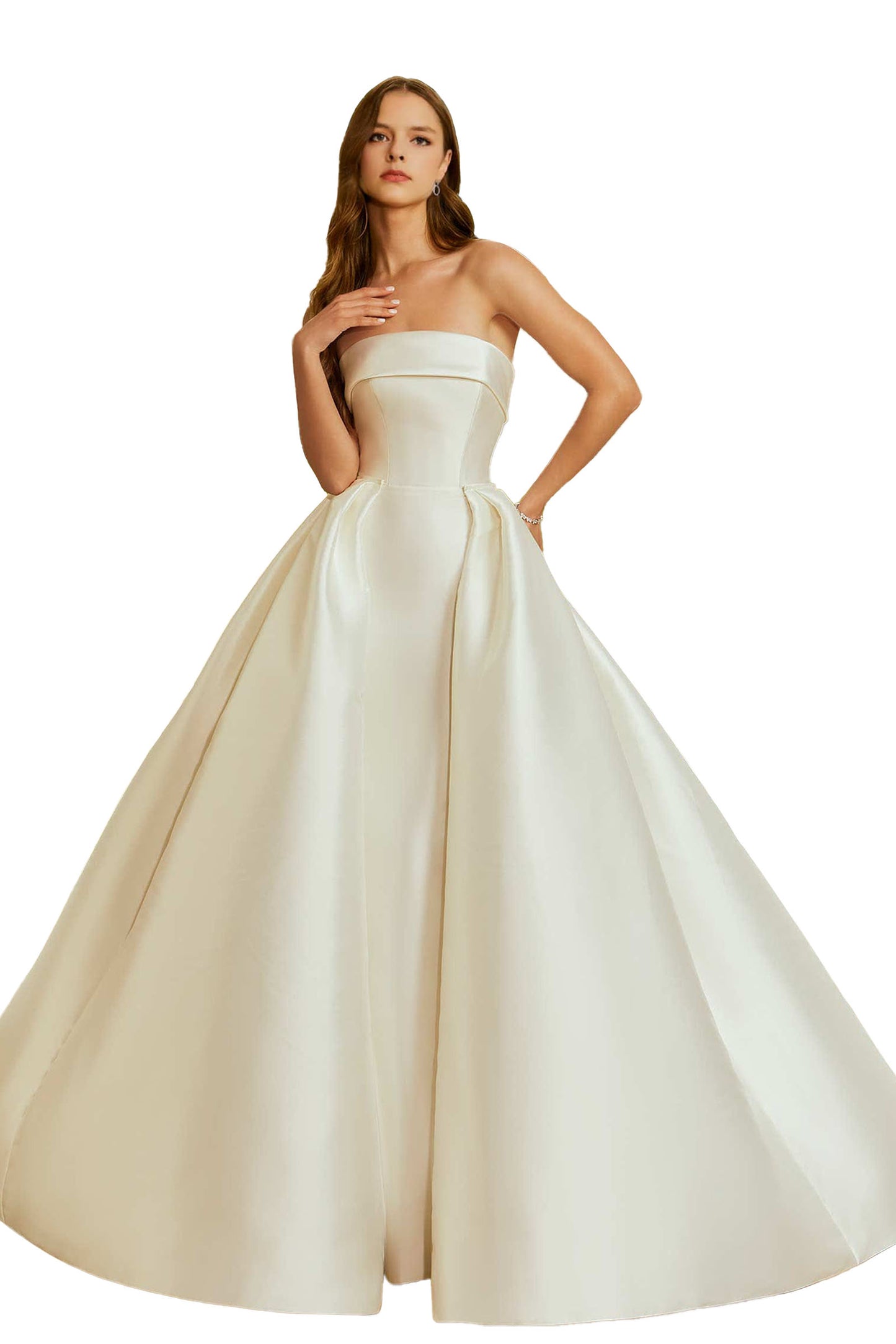 Classic satin fit and flare with a cuffed neckline and detachable full overskirt.