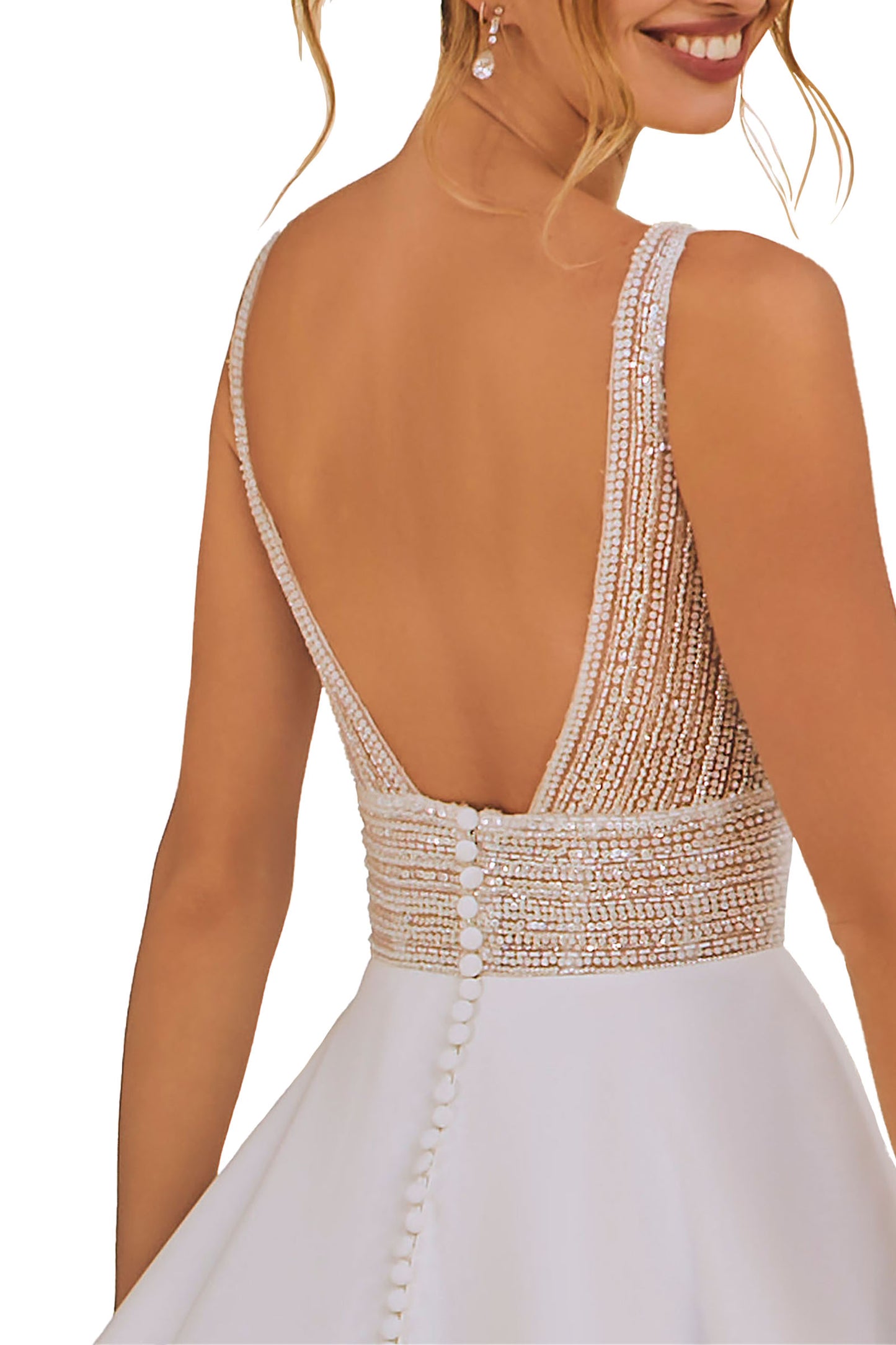 Lovely A-line has an embroidered bodice with linear beading on a petal satin skirt.