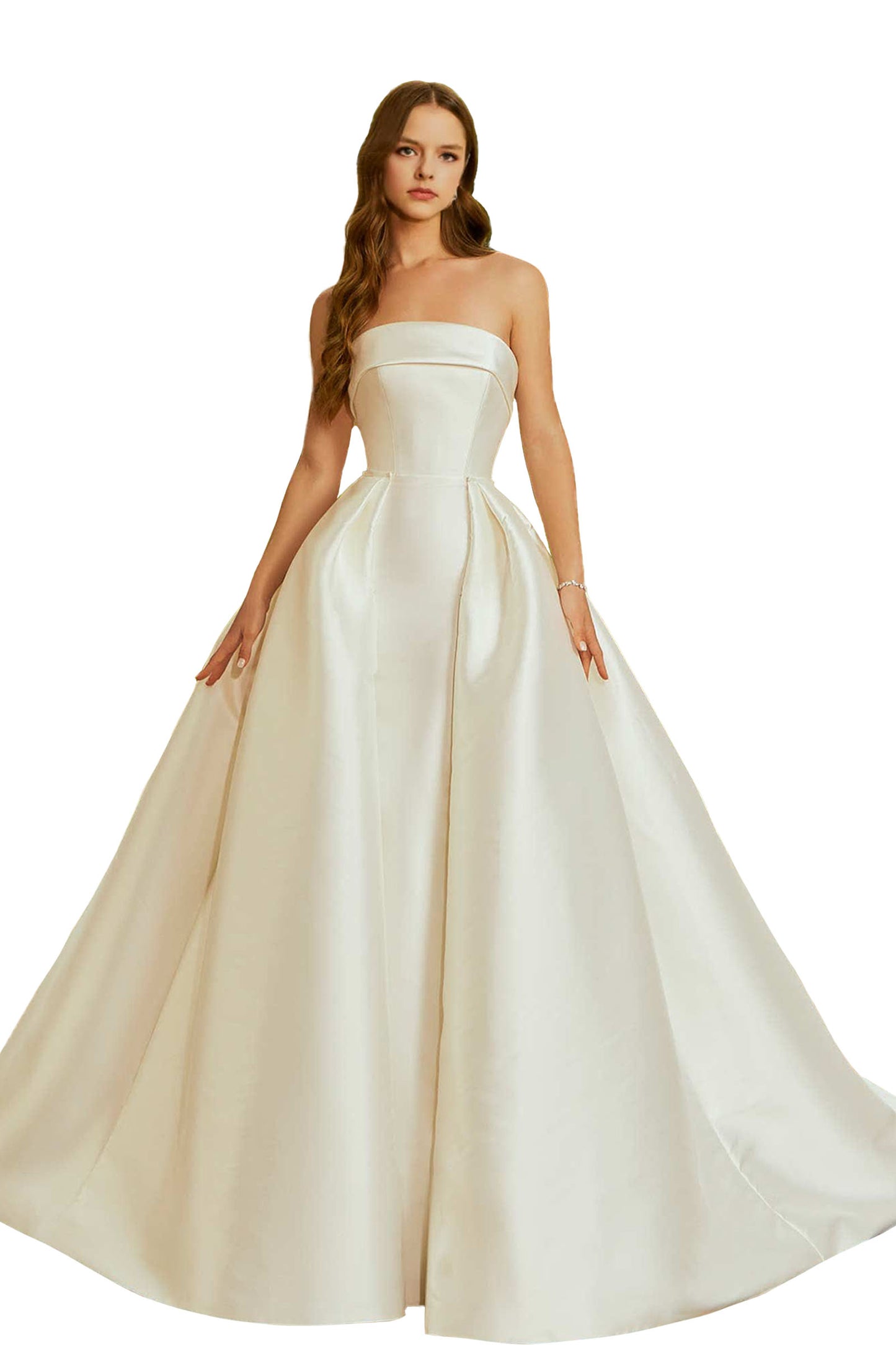 Classic satin fit and flare with a cuffed neckline and detachable full overskirt.