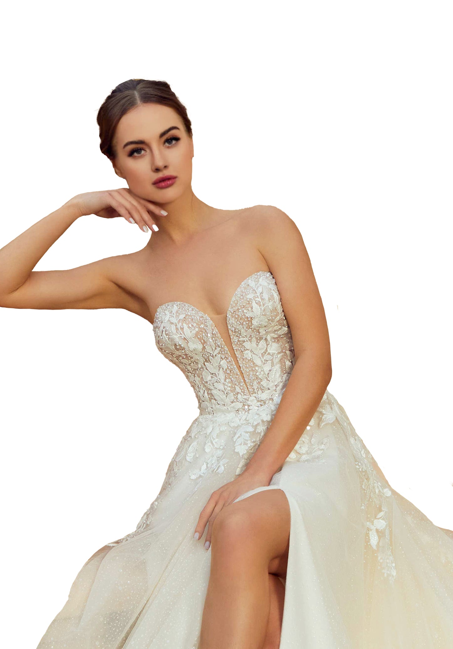 Breathtaking A-line has a plunging sweetheart bodice with pearl and crystal beading and floral embroidered appliqués.