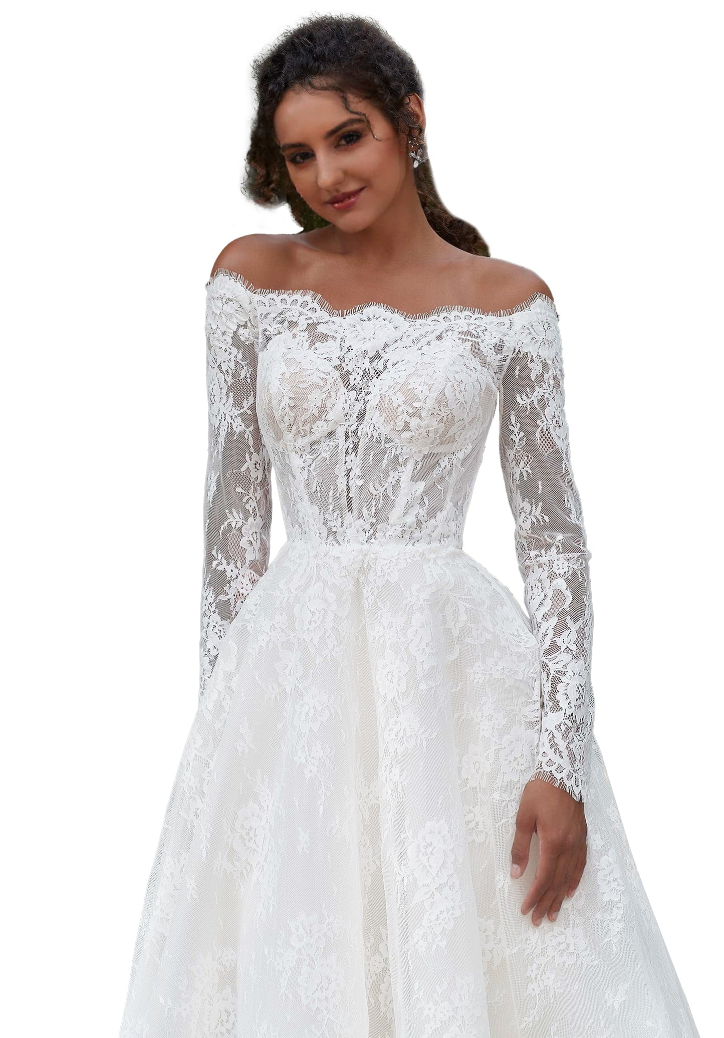 Lovely A-line ball gown has an illusion bodice with an off-the-shoulder scalloped neckline in romantic Chantilly lace.