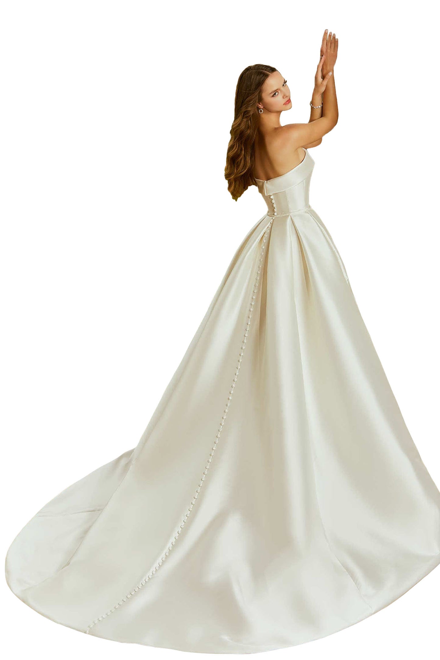 Classic satin fit and flare with a cuffed neckline and detachable full overskirt.