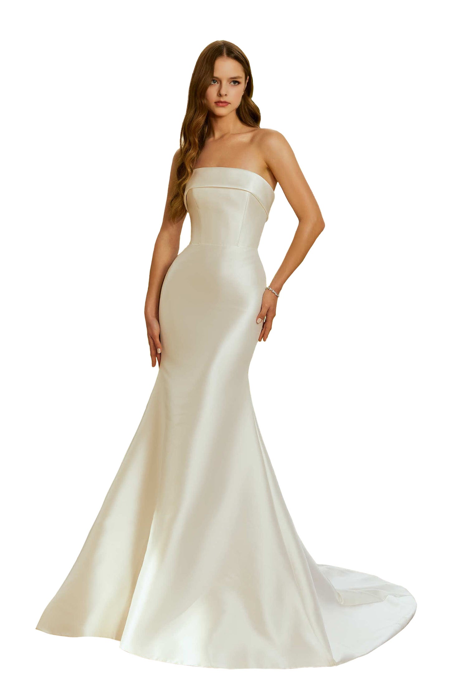 Classic satin fit and flare with a cuffed neckline and detachable full overskirt.