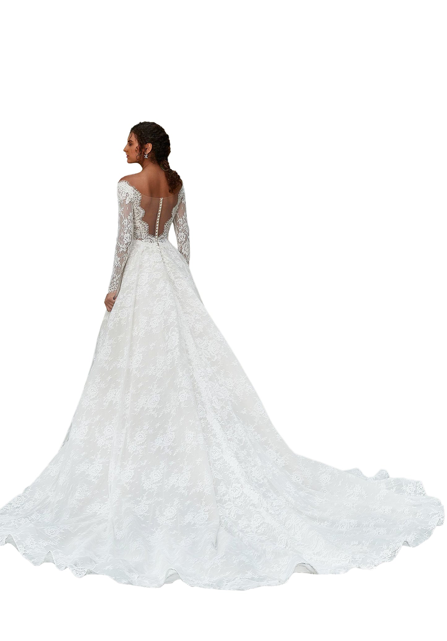 Lovely A-line ball gown has an illusion bodice with an off-the-shoulder scalloped neckline in romantic Chantilly lace.