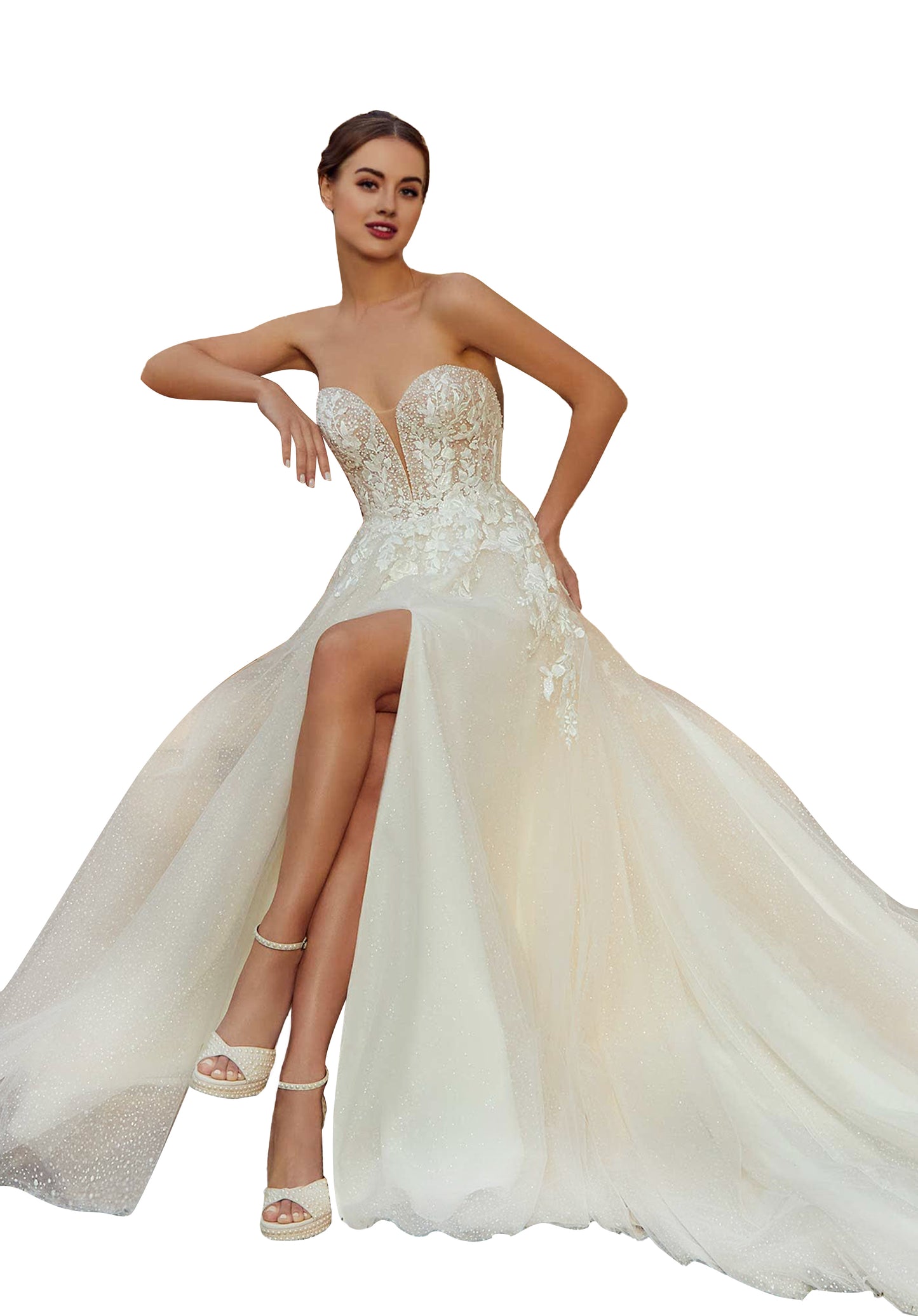 Breathtaking A-line has a plunging sweetheart bodice with pearl and crystal beading and floral embroidered appliqués.