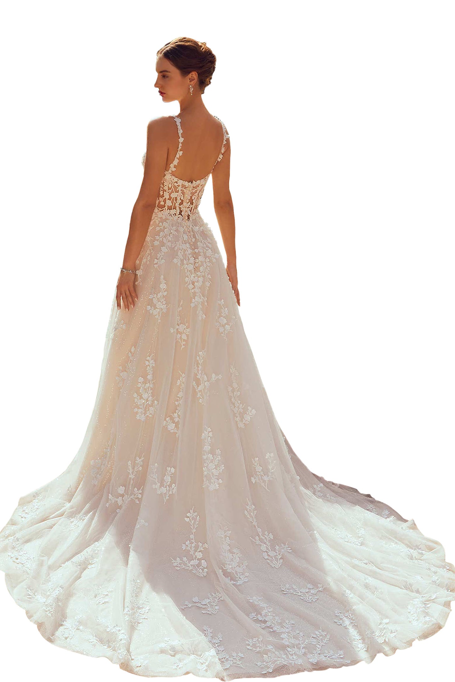 Elegant A-line has delicately beaded embroidery with 3D petals on sparkle tulle.