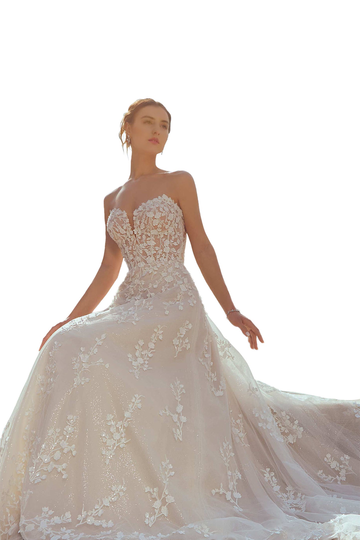 Elegant A-line has delicately beaded embroidery with 3D petals on sparkle tulle.