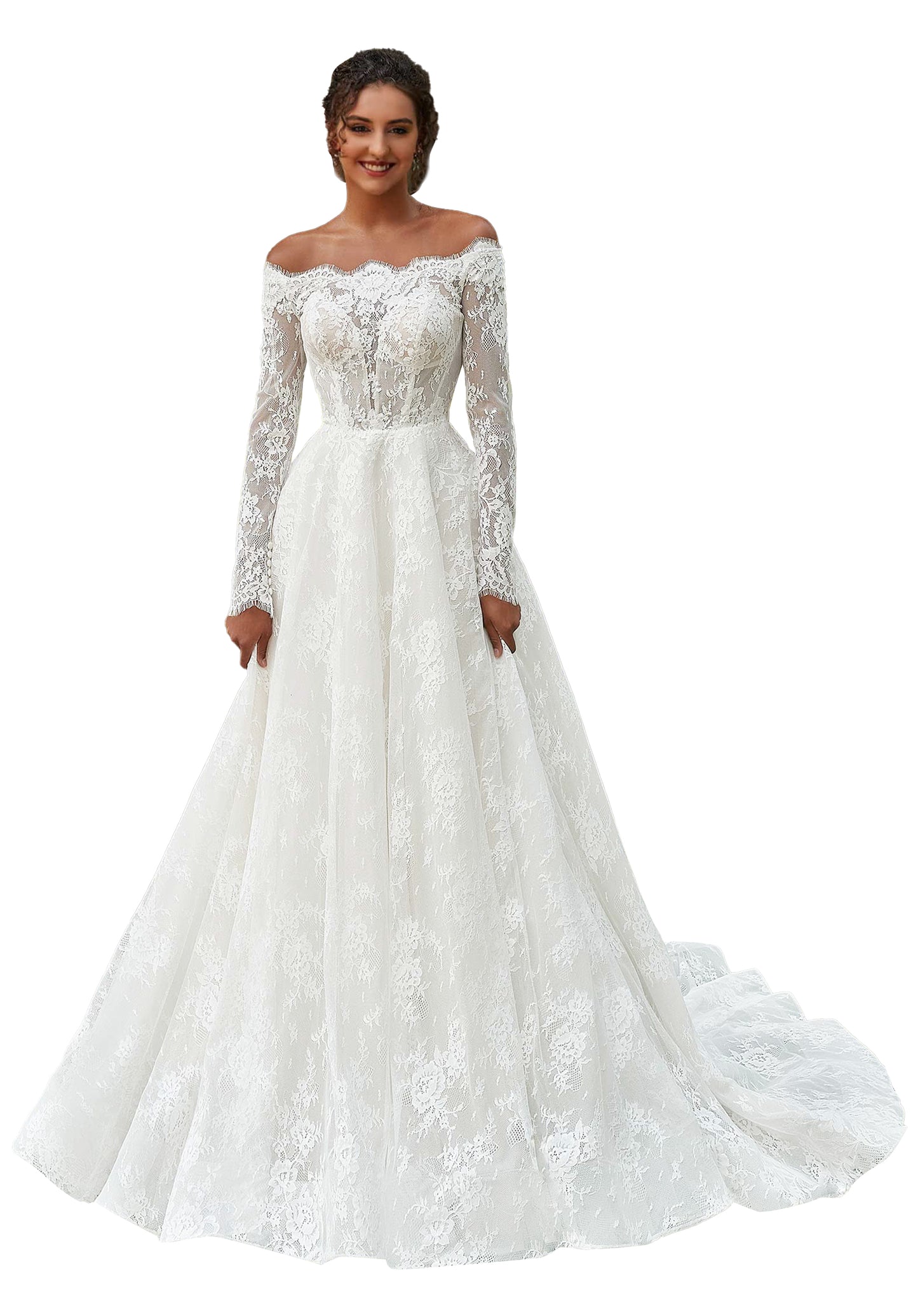 Lovely A-line ball gown has an illusion bodice with an off-the-shoulder scalloped neckline in romantic Chantilly lace.