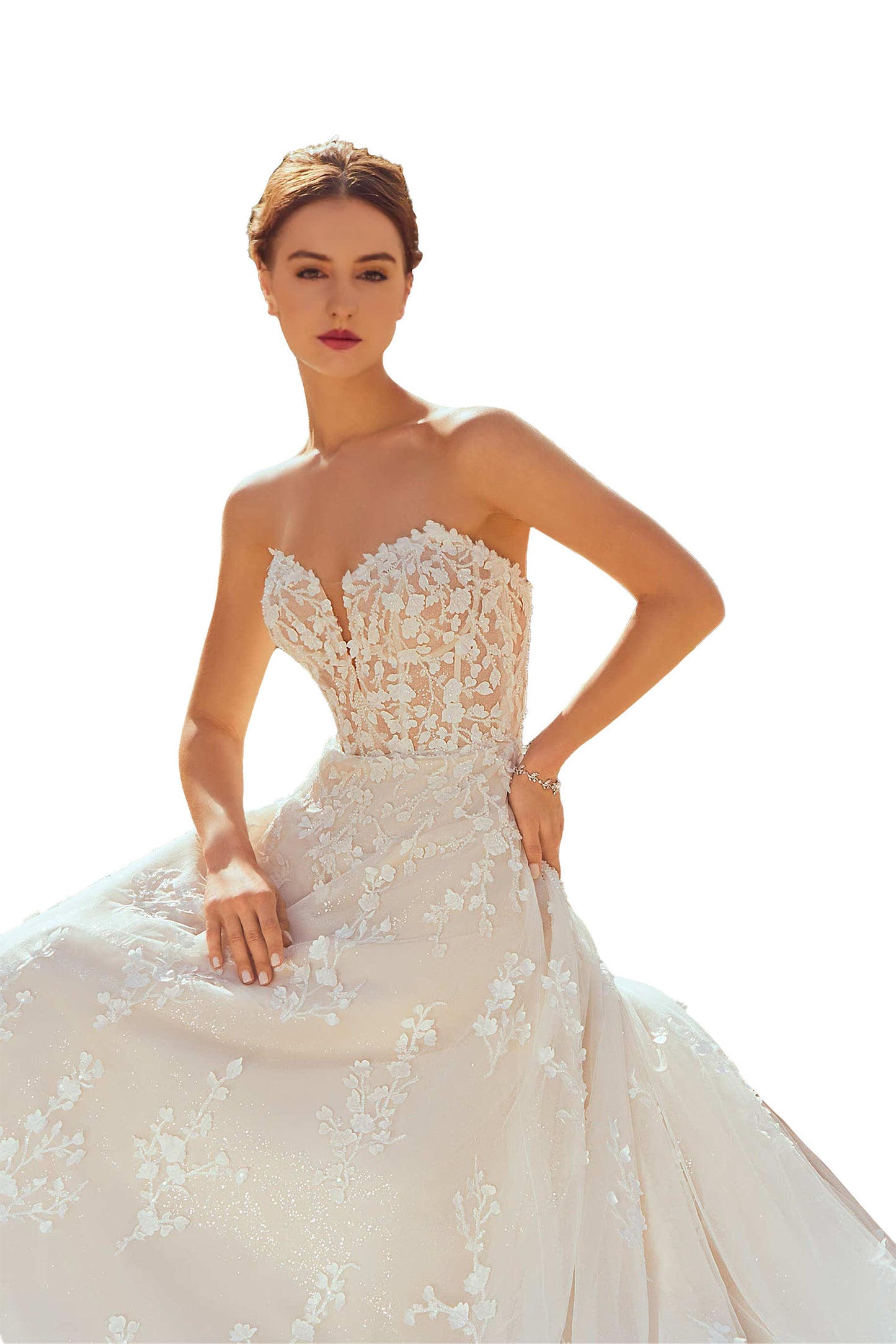 Elegant A-line has delicately beaded embroidery with 3D petals on sparkle tulle.