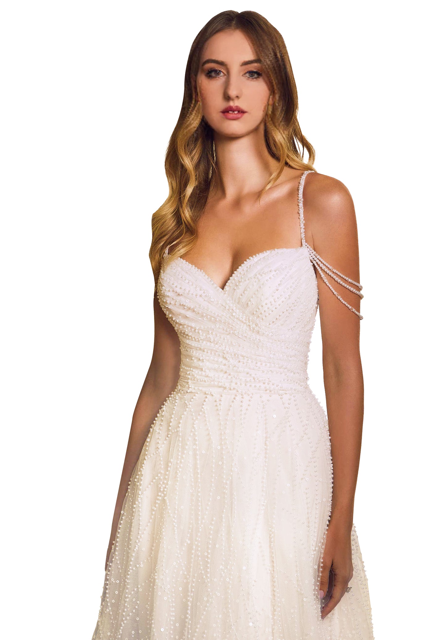 A-line sparkles in patterned pearl and sequin beaded net with a draped bodice and chandelier straps.