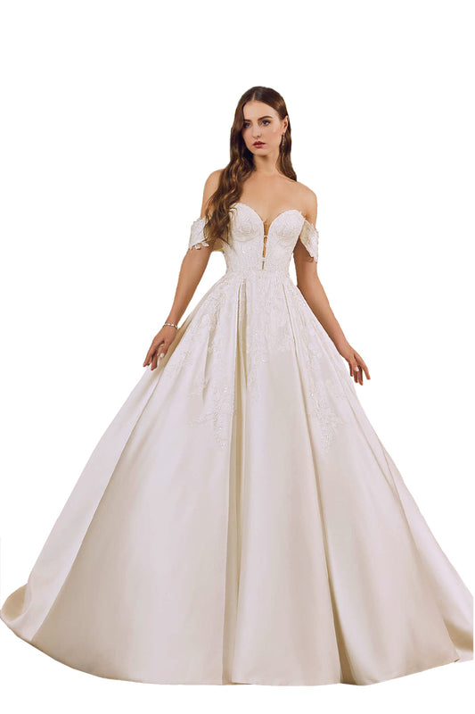 Romantic ball gown in satin has a plunging sweetheart bodice with embroidered lace appliqués.